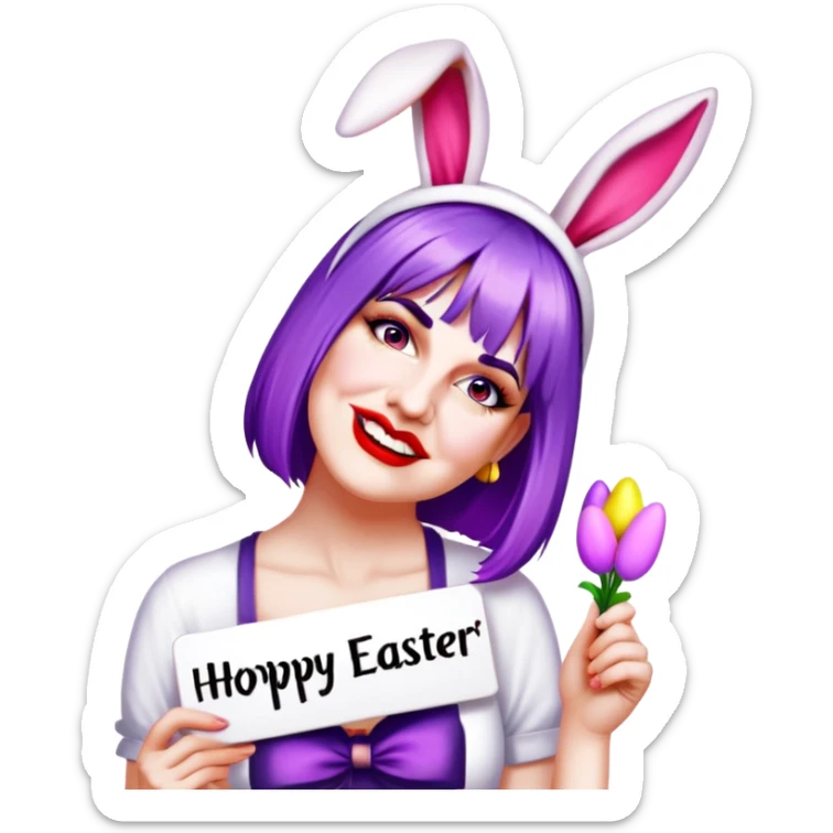 Purple hair , red lipstick with bunny ears holding a sign that says hoppy Easter  sticker