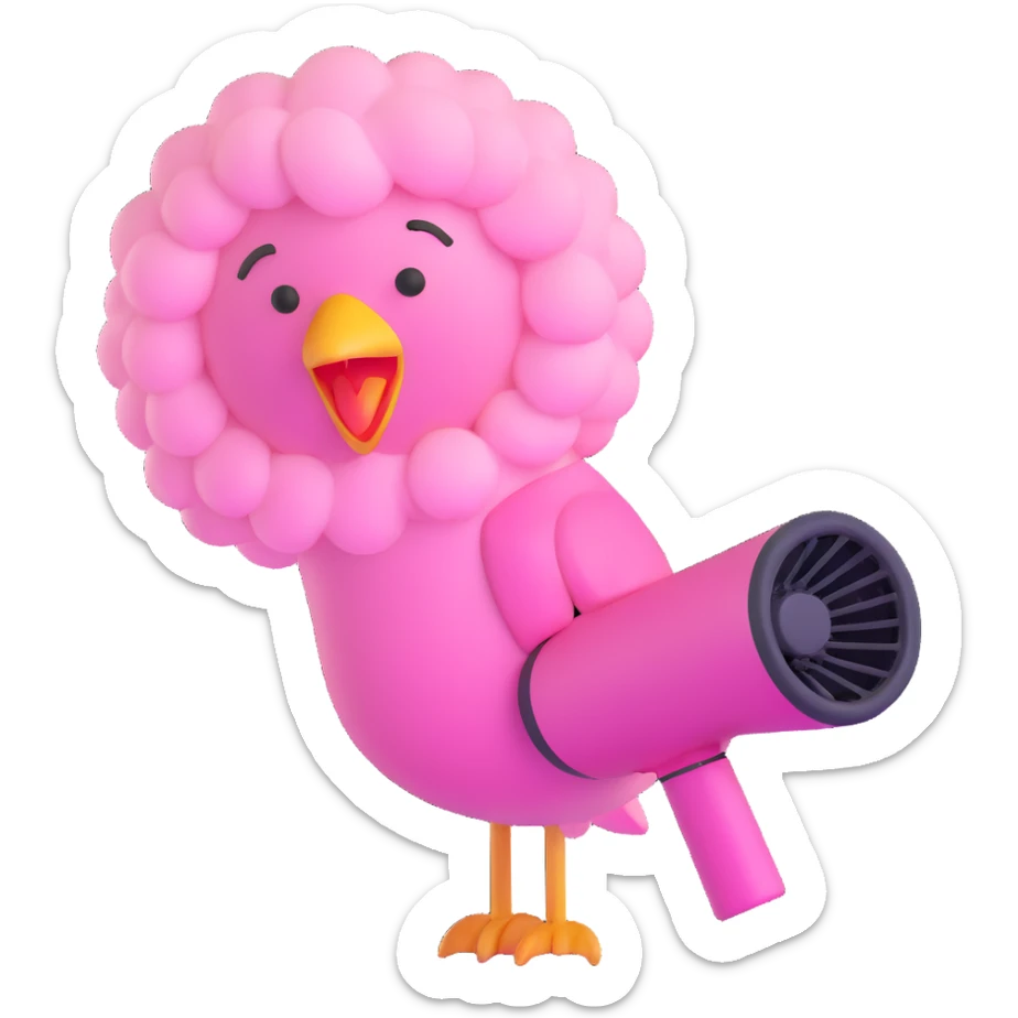 cute soft fluffy hair dryer bird, blowing gentle air, happy face, soft pink, full-body sticker
