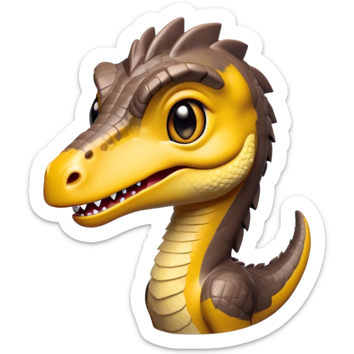 Cinematic Cute jurassic park Velociraptor Portrait Emoji, Head tilted playfully with a cheeky smirk, featuring a compact, agile form with smooth, dark scales and softened, expressive eyes that sparkle with mischievous charm, Simplified yet irresistibly adorable features, highly detailed, glowing with a warm, inviting prehistoric glow, high shine, affectionate and lively, stylized with a touch of whimsical dinosaur mischief, soft glowing outline, capturing the essence of a playful jurassic park Velociraptor that seems as if it could sprint out of the screen into your heart! sticker