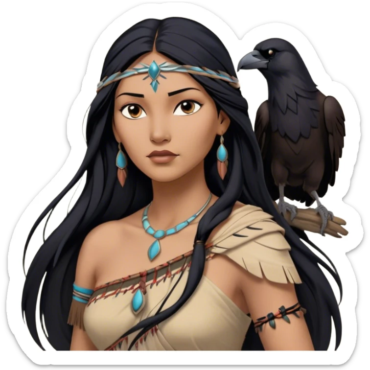 Cinematic Realistic Pocahontas Portrait, depicted with lifelike skin texture, soft natural lighting, and intricately detailed long, flowing raven-black hair that moves gracefully in the wind. Her deep, soulful dark brown eyes exude wisdom and strength, complemented by a serene yet powerful expression. She is dressed in her classic one-shoulder native american dress, with rich fabric textures and delicate beaded details that catch the light beautifully. The portrait features a soft, sun-kissed glow with a natural, radiant finish, capturing the essence of untamed beauty and deep connection to nature in a realistic and painterly style, evoking a sense of depth and authenticity. sticker