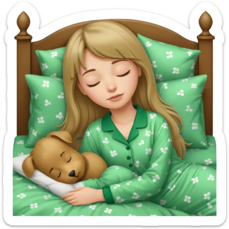 Young woman with long dark blond hair and a bang sleeping in bed  with green pyjama sticker
