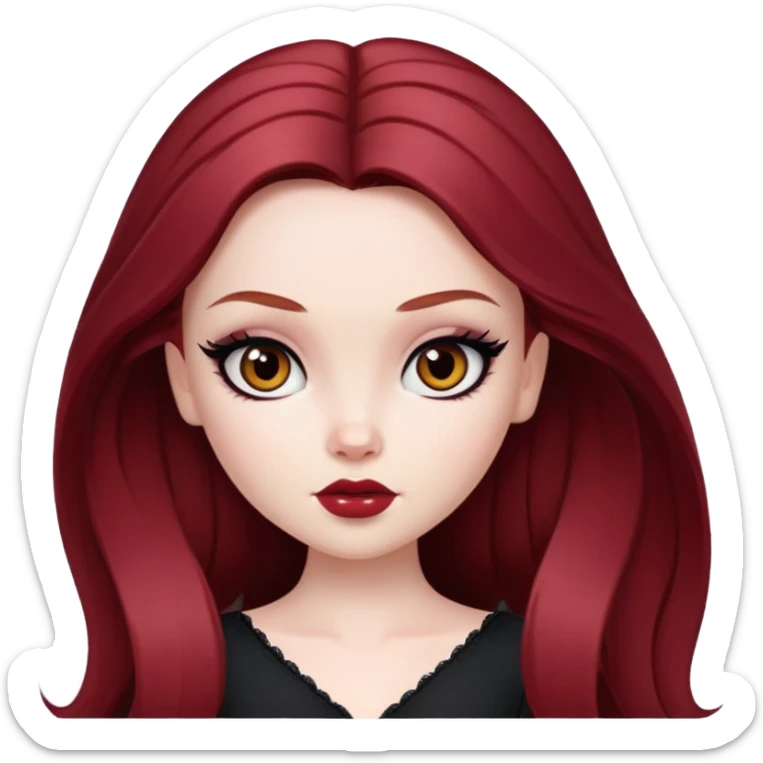 pretty bratz girl, tall, pale skin, dark red hair,  long hair, brown eyes, black eyeliner sticker