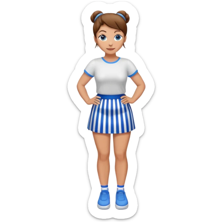 Pretty 50-year-old woman with 1 miniskirt that is blue and white striped brown hair in bun blue eyes and pretty legs sticker