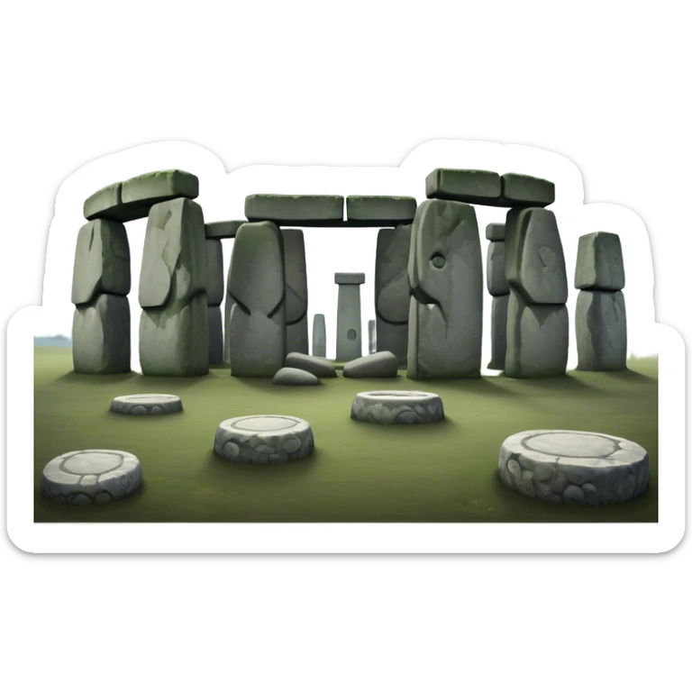 Cinematic Realistic Stonehenge Landscape Emoji, depicted with ancient, mysterious stone circles set against a moody sky, rendered with atmospheric lighting and detailed textures that evoke its prehistoric allure. sticker
