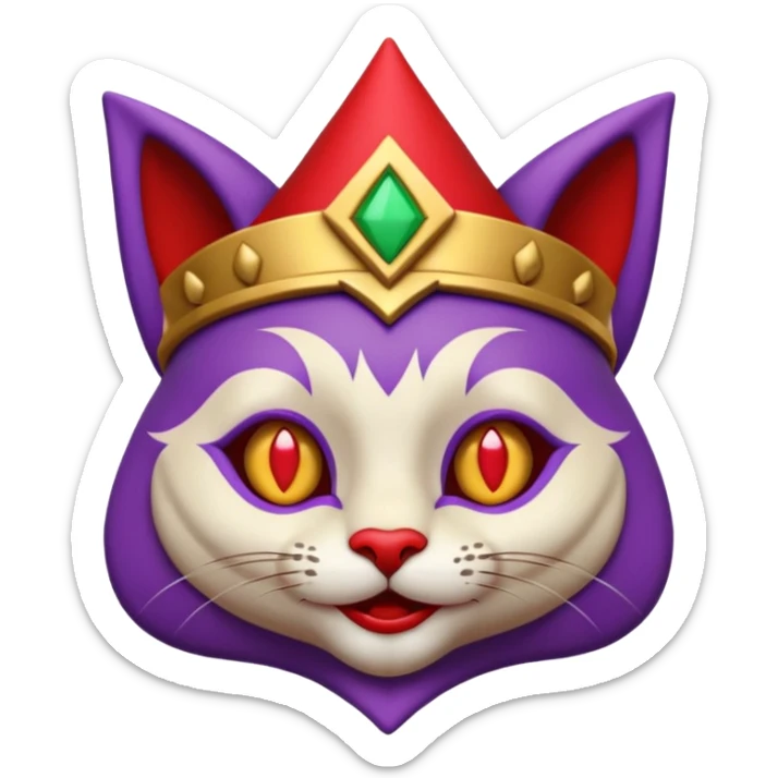 crazy colorful cute little cat jolly joker from poker, medieval, vintage, court jester, mac os icon, purple, gold and red color, half body. Squared shape as 3D mac os icon, symmetrical sticker