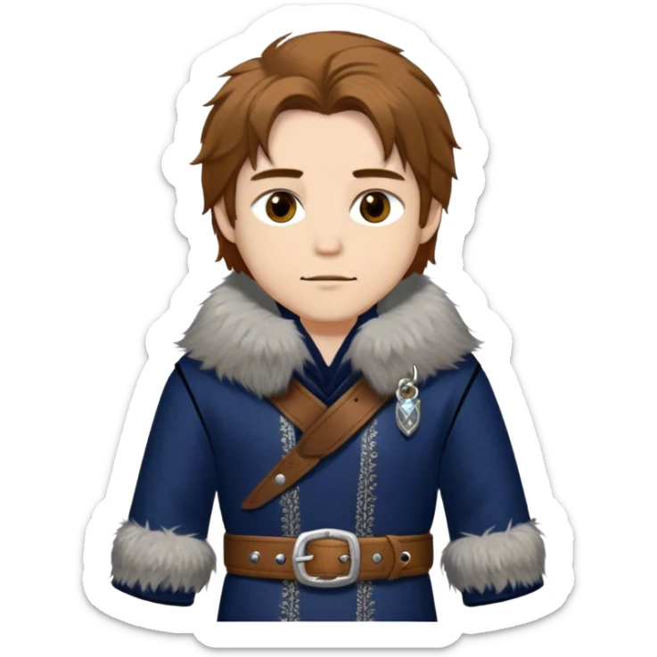 Medieval winter outfit worn by a DnD themed fantasy male character. Midnight blue felted wool tunic with silver fox fur collar, embellished with ornate metal clasps and a thick leather belt with decorative stitching. Clothes only above the waist, full waist coverage. The character has no arms. Character is white-skinned with honey brown hair, amber eyes, and shoulder-length straight hair with winter-weathered ends. sticker