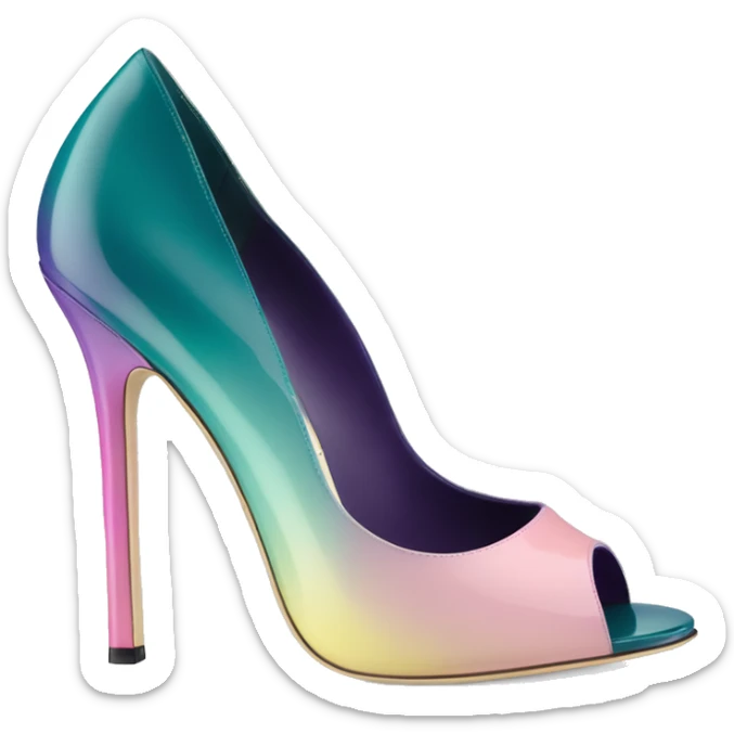 Realistic isolated front view of a pair of dark teal,pastel pink,pastel purple,and yellow ombre Jimmy Choo stiletto peep toe ankle boots. sticker