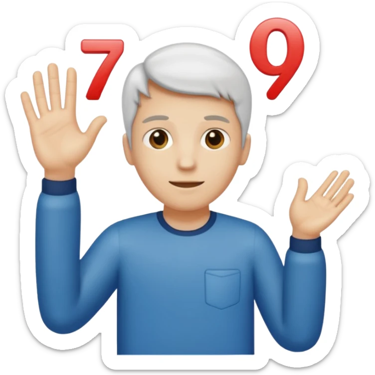 Man holding hands to the side, above left hand floats the number 6, above right hand floats the number 7 sticker