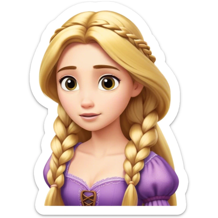 Cinematic Realistic Rapunzel Portrait, with porcelain-like skin featuring a subtle, natural glow, illuminated by soft lighting that brings out the gentle contours of her face. Her long, golden blonde hair cascades in detailed waves, each strand highlighted with a radiant shimmer as it catches the light. Her bright, expressive green eyes exude curiosity and warmth, framed by delicate lashes and soft, arched brows. Her expression is playful and vibrant, with a gentle smile. She is dressed in her classic lavender and pink gown, the fabric textured with delicate folds that flow naturally, catching the light with a soft, radiant glow. The portrait captures a luminous, enchanting aura, seamlessly blending realism with a whimsical, fairytale charm, evoking a timeless sense of beauty and magic. sticker