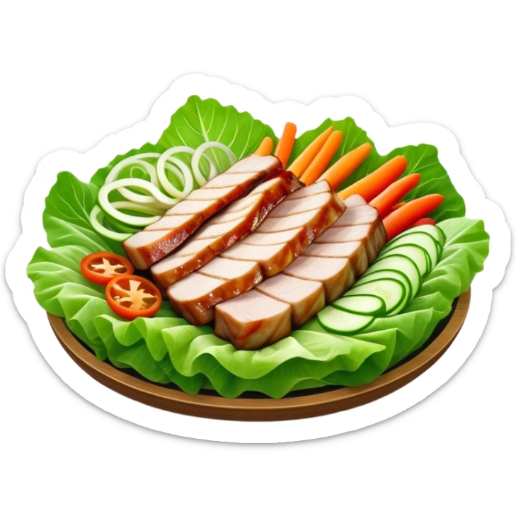 Samgyeopsal Cinematic Realistic Samgyeopsal Dish Emoji, depicted as slices of grilled pork belly served in crisp lettuce leaves with assorted fresh vegetables, rendered with dynamic textures and appetizing, natural lighting. sticker