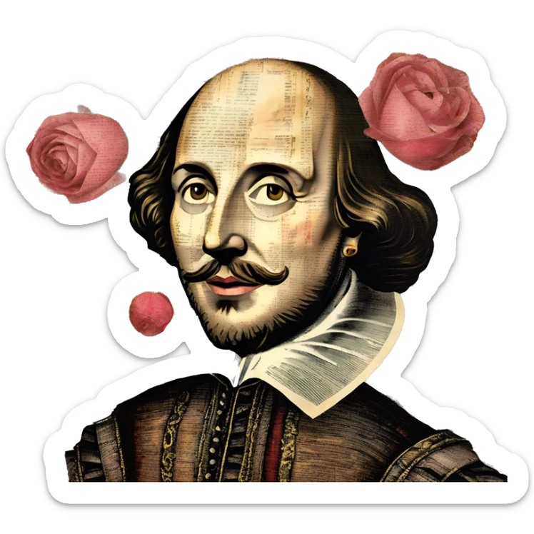 Shakespeare made of newspaper cuttings handwriting 420 hemp roses flowers plants leaves dragonfly mulberries Italy sticker