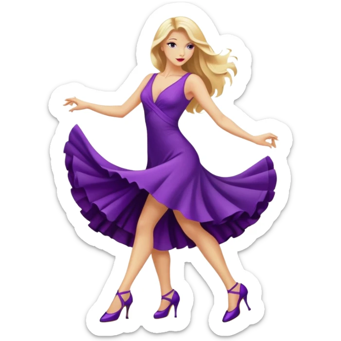 long blonde hair, dancing a tango in a purple dress and purple heels  sticker