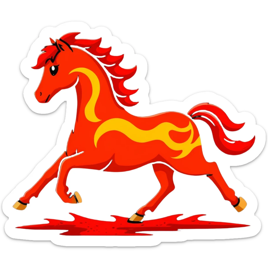 A red galloping horse composed entirely of fiery embers, magma flowing through its body, visible lava veins, flames burning along its mane and tail, with ash particles floating around it sticker