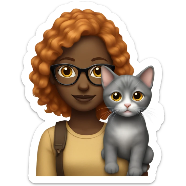 Black girl holding a grey kitten. The girl has ginger hair and wears glasses sticker