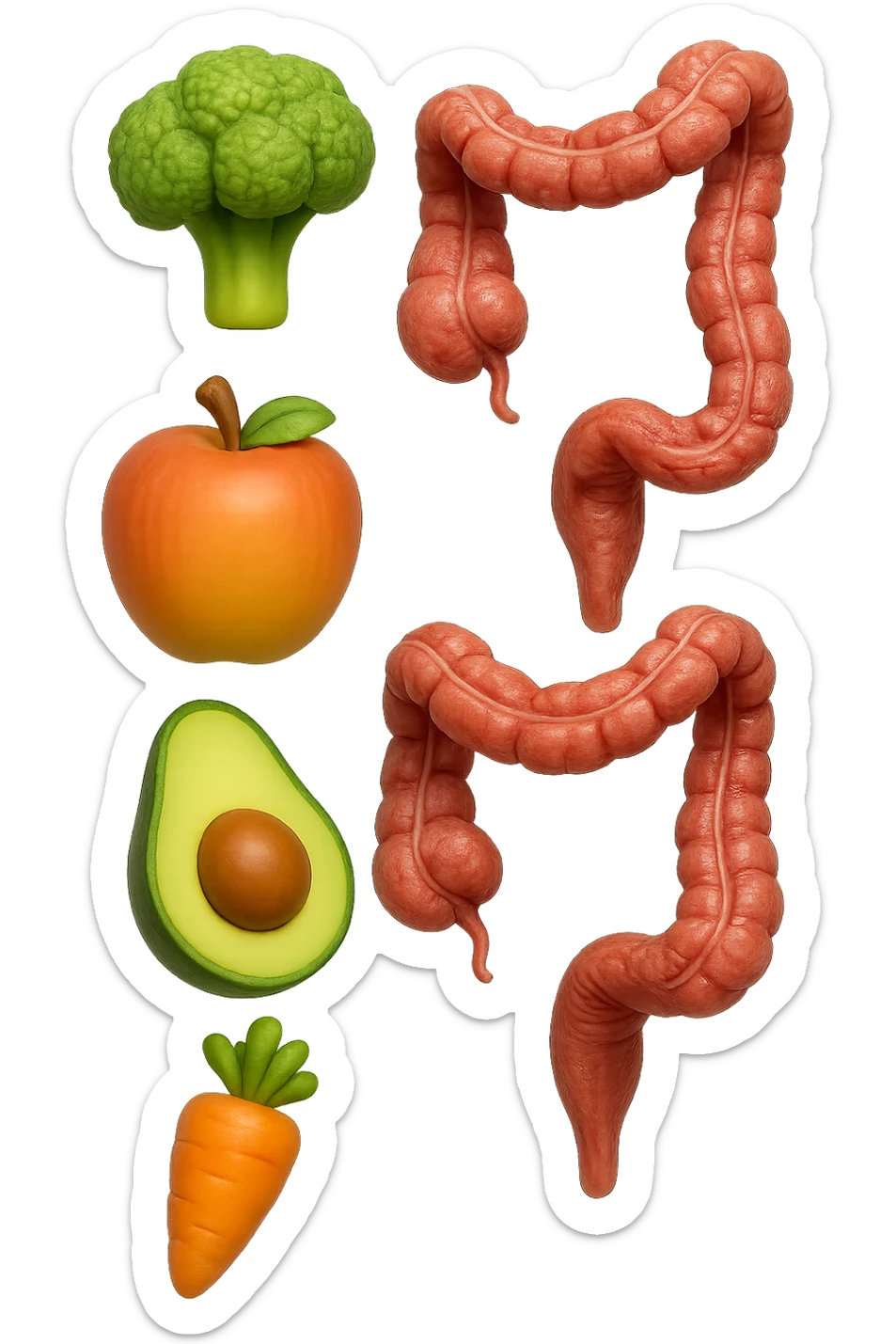 emoji stile iphone in 3d di cibo sano che fluttua in aria vericalmente insieme a pezzi di colon umano anatomico, iperrealistico 4k sticker