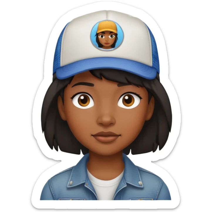 Black girl with short hair mullet and a trucker hat sticker