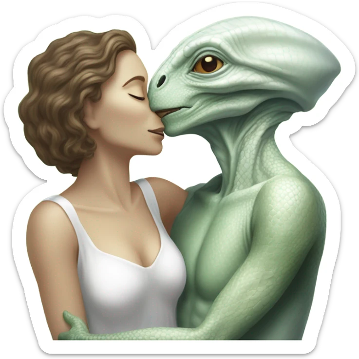 Alien reptilian woman in white dress hugs and kissing "white male human man" sticker