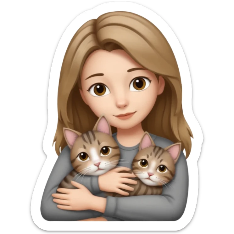 Une femme avec les cheveux dégradée, brun et blond, qui fait un câlin à son chat gris, tigré avec les extrémités que pattes pointe d’oreilles noires et le dessous du menton blanc sticker