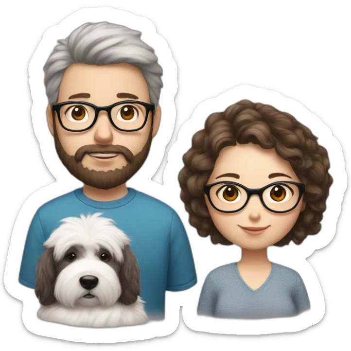 Hyperrealist pregnant girl with half long brown hair with glasses, a boy with long beard, glasses and short hair and english sheepdog sticker