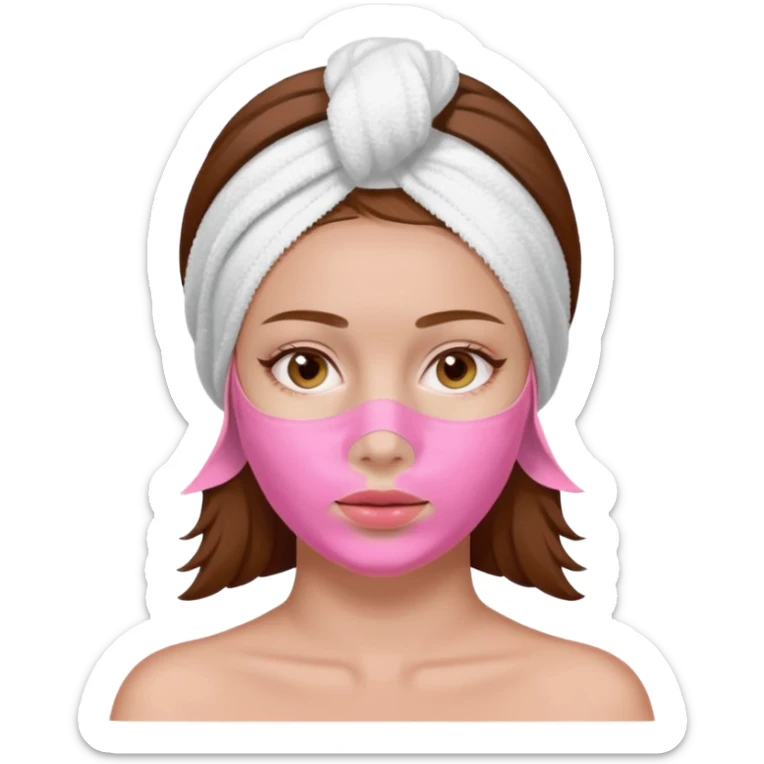 A woman with brown hair, a white towel wrapped around her head. Her face is covered with a pink skincare mask applied to the T-zone and cheeks sticker