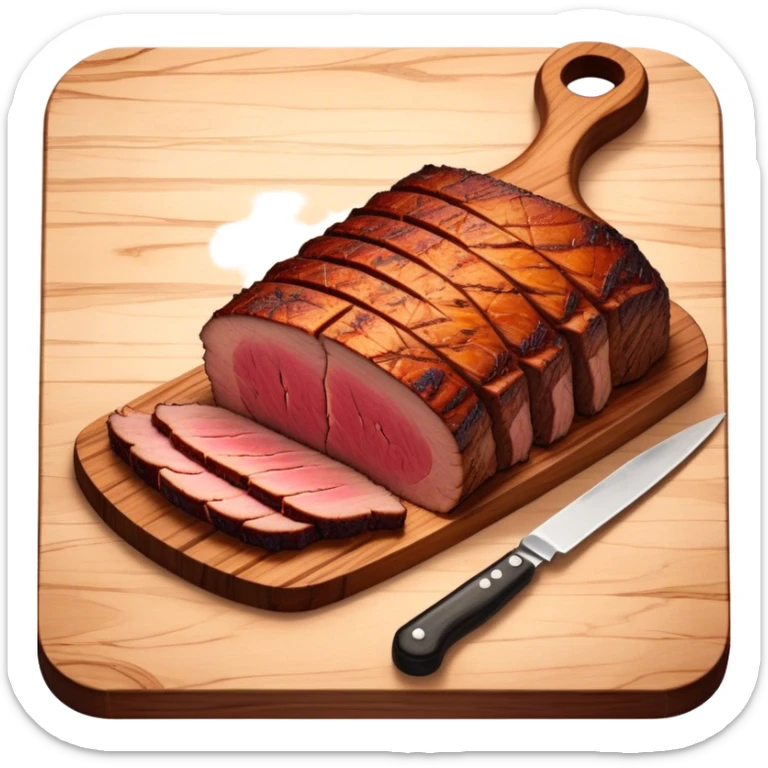 Cinematic smoked brisket, deep mahogany crust, perfectly sliced to reveal juicy marbled meat, warm smoky aroma, served on a wooden board, rich and flavorful, ultra-detailed and appetizing. sticker