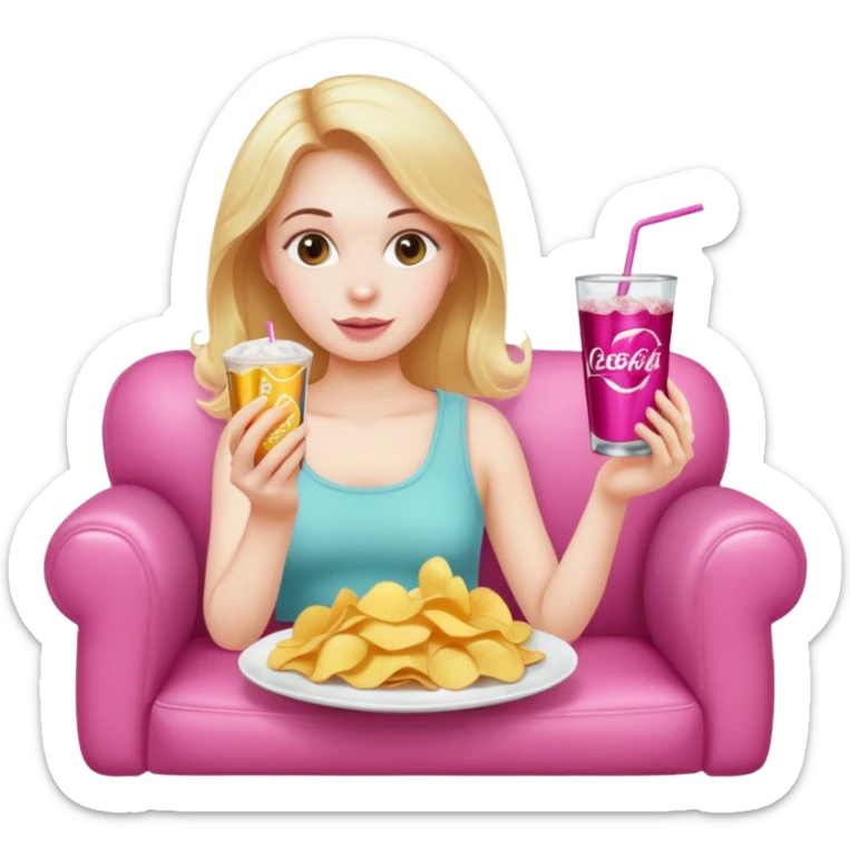 home white girl with plate of chips and soda drink, sitting at the pink sofa sticker