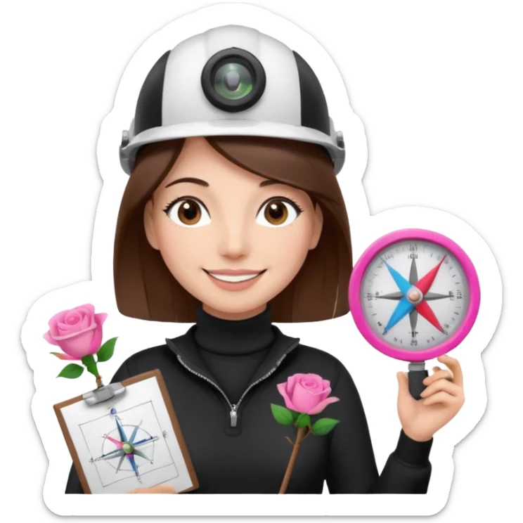 Arquitecta ojos marrones oscuros pestañas pelo marron por los hombros sonrie casco blanco jersey de cuello alto negro compás de dibujo técnico y rosa sticker