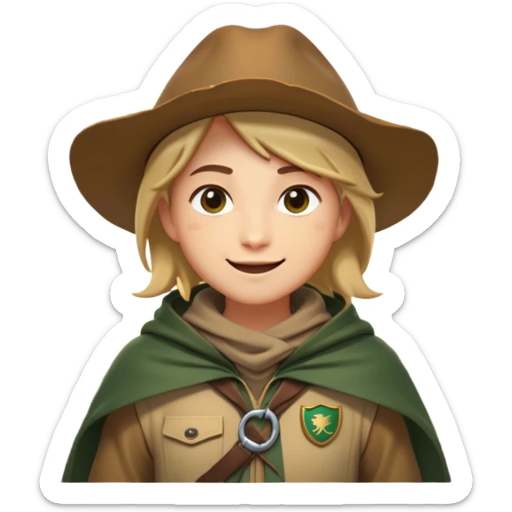 Clash of Clans aesthetic Playful Ranger Portrait Emoji, Head tilted with a friendly, mischievous smile and bright, curious eyes, featuring a compact, nimble build outfitted in rugged, earthy gear and a stylish cloak, his natural skin tone adding authenticity, Simplified yet irresistibly charming features, highly detailed, glowing with a warm, inviting forest glow, high shine, spirited and lively, stylized with an air of whimsical woodland adventure, soft glowing outline, capturing the essence of a playful ranger exuding friendly natural charm! sticker
