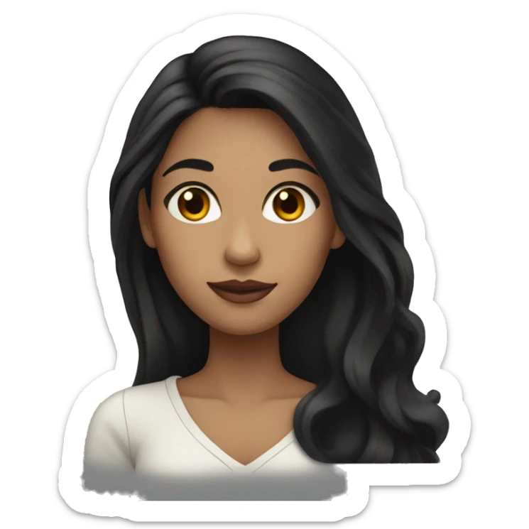 black-haired woman with long hair, dark brown eyes, showing a heart sticker