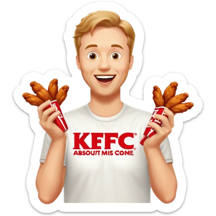 "Create an emoji of a white man holding KFC chicken wings with a happy and excited expression. Make sure to add the text 'KFC ABSOLUTE CINEMA ✋😮🤚' in large, bold letters, covering the entire screen and standing out clearly. This text must be included. Use a vibrant and expressive style." sticker