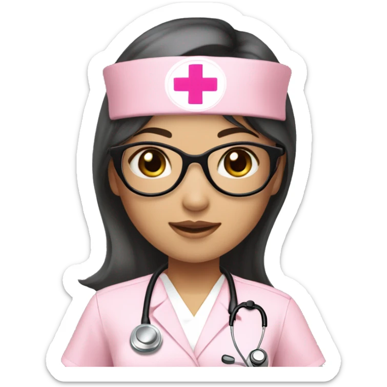 Asian girl (beige white skin tone) with circle silver glasses, hair bang and wavy long black hair , wearing a pink nurse uniform (scrub) with a stethoscope sticker