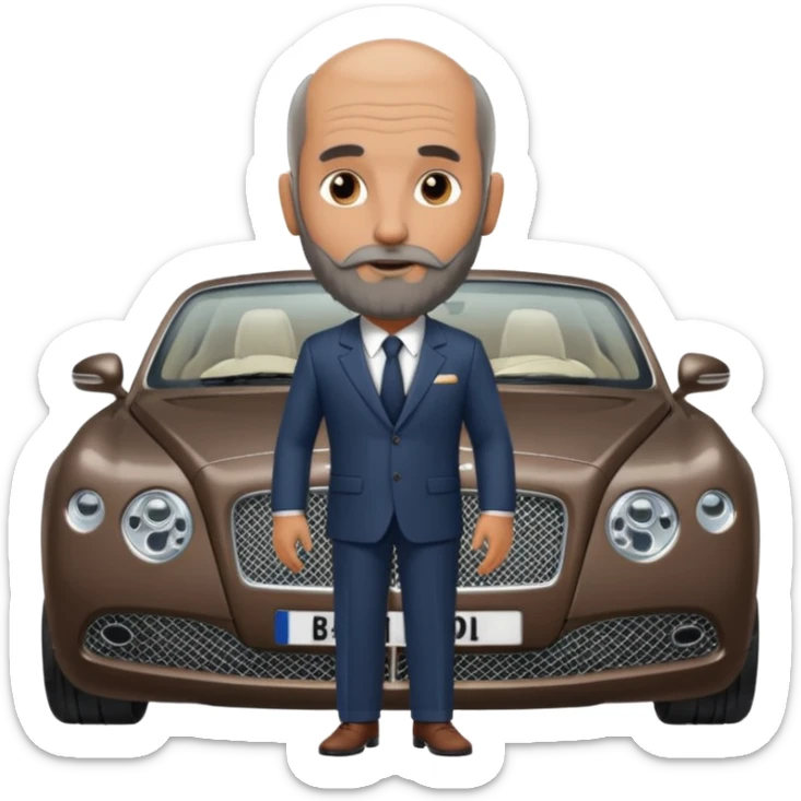 Slightly Balding with frencb beard graying indian guy in suit with a bentley names professor bw tlt sticker