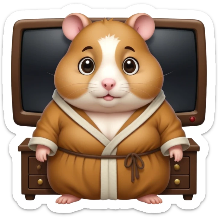 Funny cartoon-style fat hamster with big wide eyes watching tv at 3am sticker