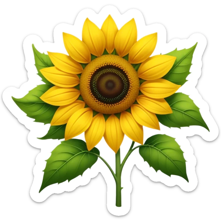 Cinematic Realistic Sunflower Emoji, Tall and bright, with a large, golden-yellow blossom facing the sun, its broad, textured petals surrounding a dark center. The sturdy green stalks and leaves frame the vibrant flower, while a gentle breeze causes the petals to sway. Soft glowing outline, capturing the essence of sunshine and warmth in a cheerful, towering sunflower! sticker