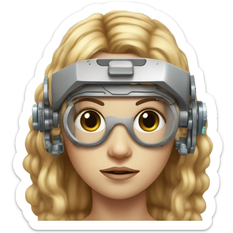 female cyborg head, fair skin, Brown long hair with blonde steaks, space age goggles and circuits sticker