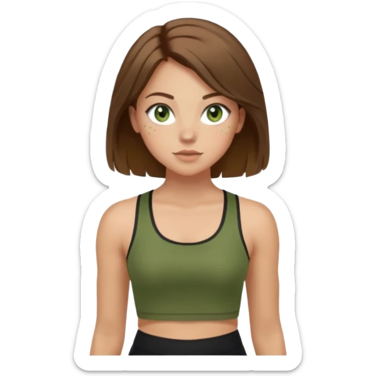 Girl with green eyes, brown hair shoulder length, light skin, and freckles wearing an olive green crop top with black leggings working out, she has light gorgeous lashes sticker