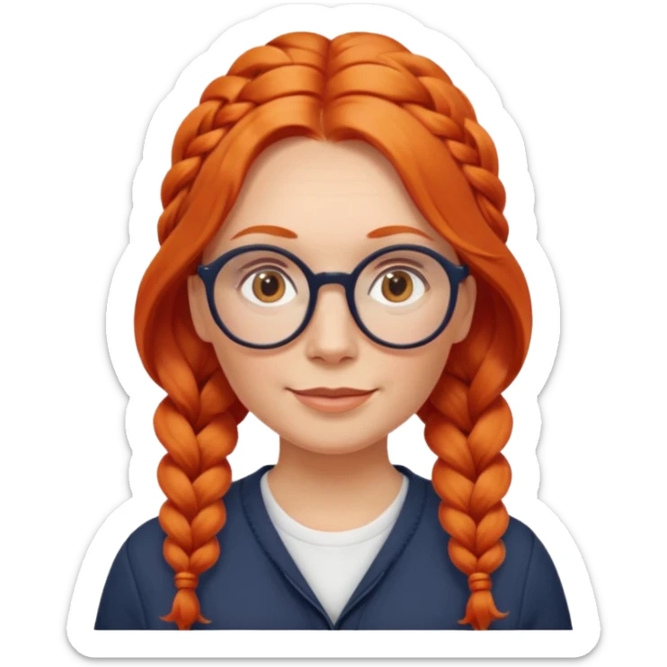 middle-aged Norwegian woman with long wavy orange-red hair styled as a single braid on one side, wearing large round glasses, friendly look sticker