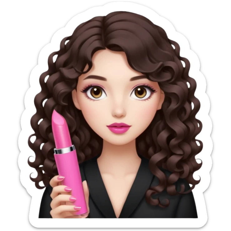 A girl with long dark brown hair styled in loose 36mm curls, beautiful round-almond eyes with long curled lashes in Douyin style. Her makeup is cool-tone neutral. She’s holding a pink lipstick similar to Rhode’s shade in one hand. sticker