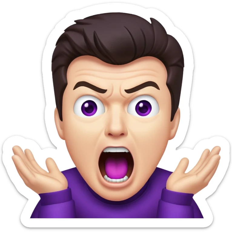 Rick Astley screaming with his mouth so wide it takes up his own face and the entire picture is purple and a staticky type sticker