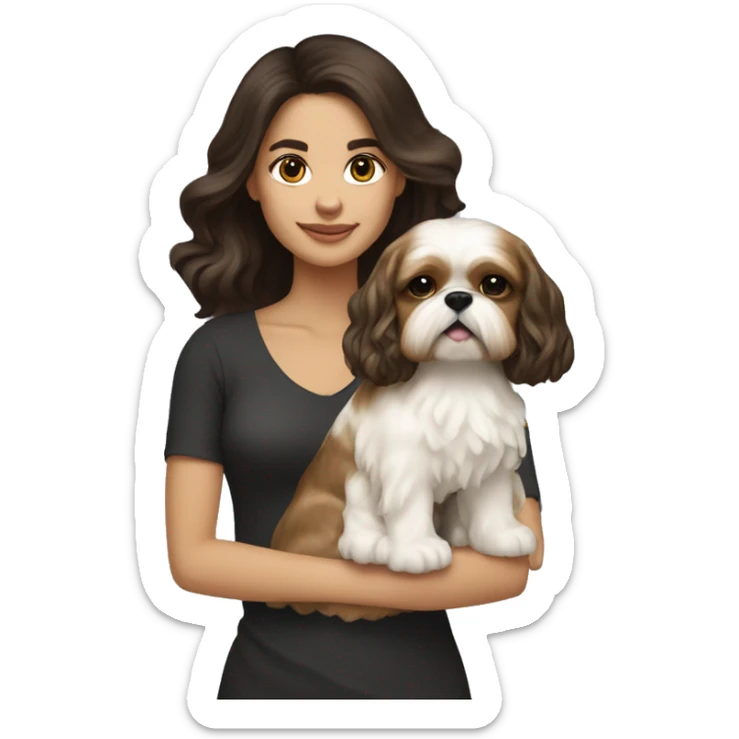 Young dark brunette medium kin hair woman with a golden shih tzu in her arms long wavy hair sticker
