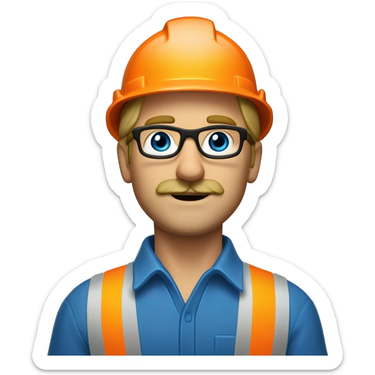 dirty blonde man, thin face, no beard but with mustache, blue/green eyes, glasses, wearing white hard hat that says ”gmc” in orange letters, orange safety vest, blue shirt sticker