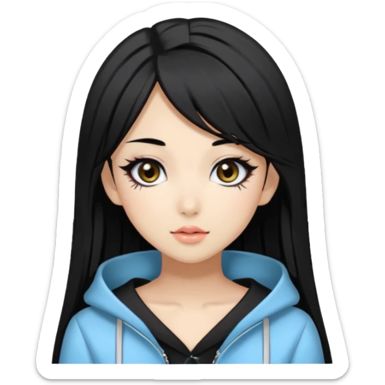 Hime gyaru girl, medium-long, straight black hair, black slanted eyes and thin black eyebrows, gyaru makeup, sticker