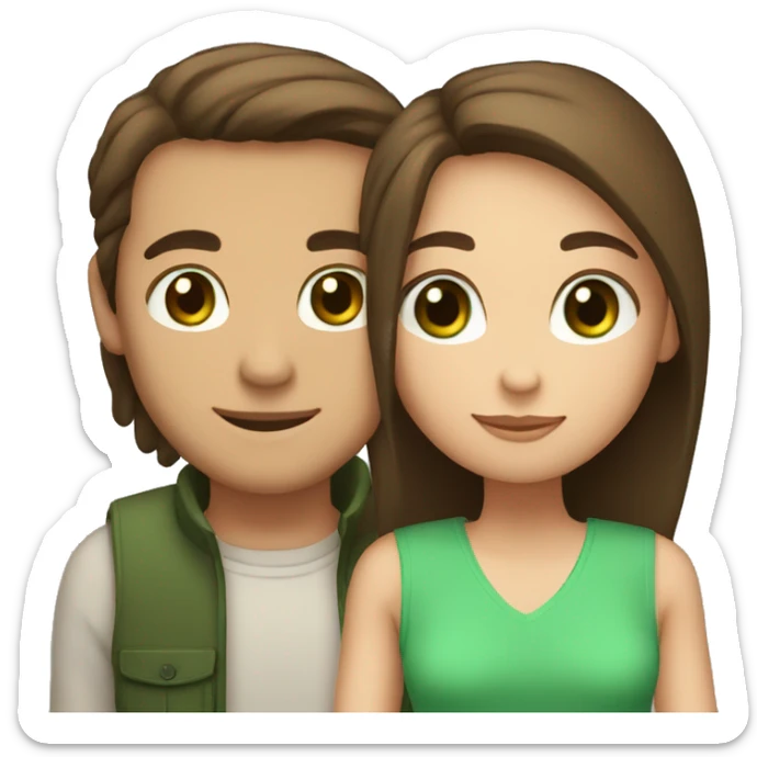 Guy and girl hugging The girl has shoulder-length straight hair and green eyes. The girl is as tall as a guy's chin Guy with short dark hair and brown eyes sticker