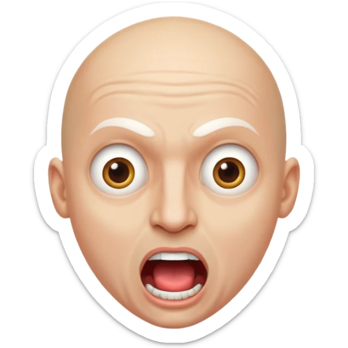 Cabaret portrait of a bald man with a whitened face and made-up eyes and mouth, a huge, wide-open mouth and a startled look sticker