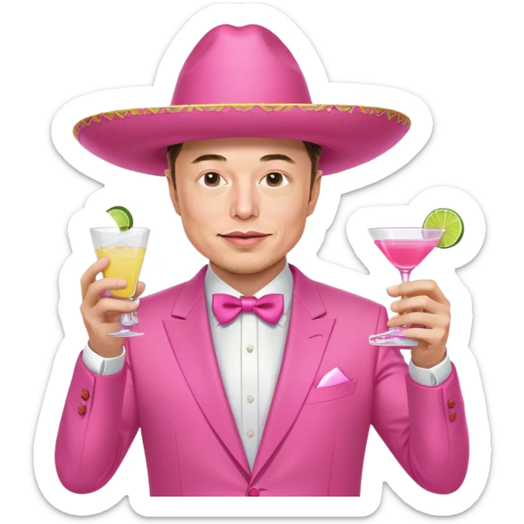 Elon Musk in pink sombrero, dressed in an all-pink suit, with one hand holding a tequila shot sticker