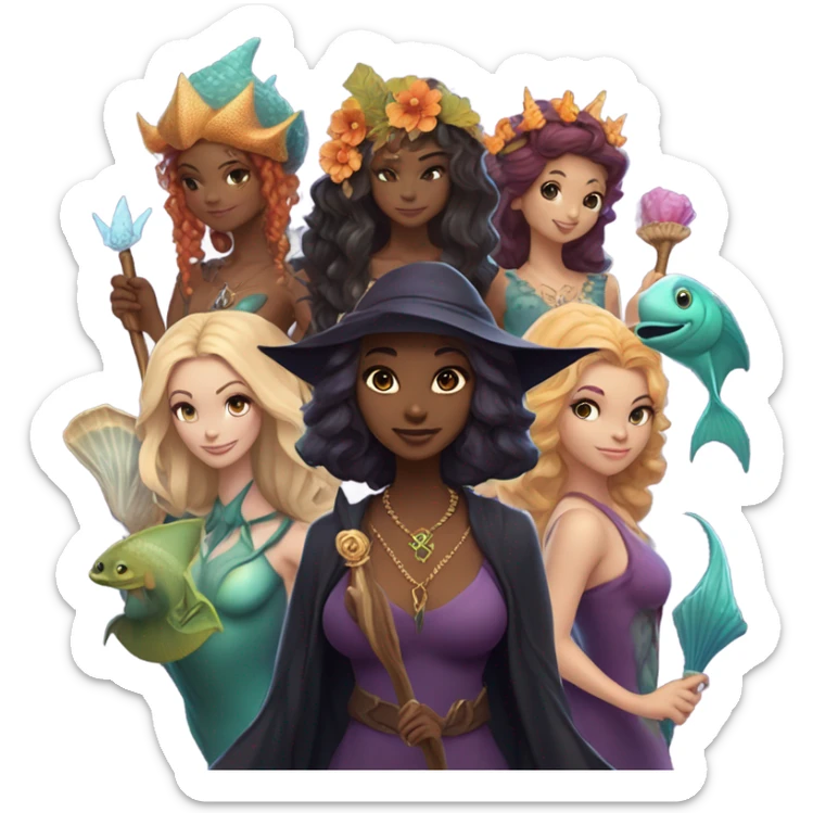 A group of friends, consisting of a female witch, a female wizard, a merman, a female fairy, and a female siren sticker