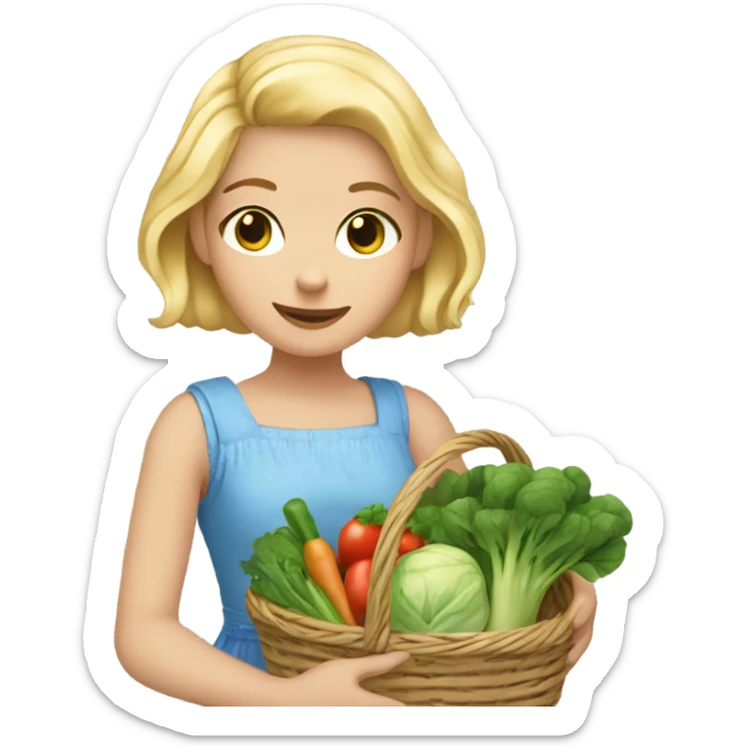 Girl with blonde hair and blue eyes wearing a sleeveless sundress and carrying two baskets of vegetables and greens sticker