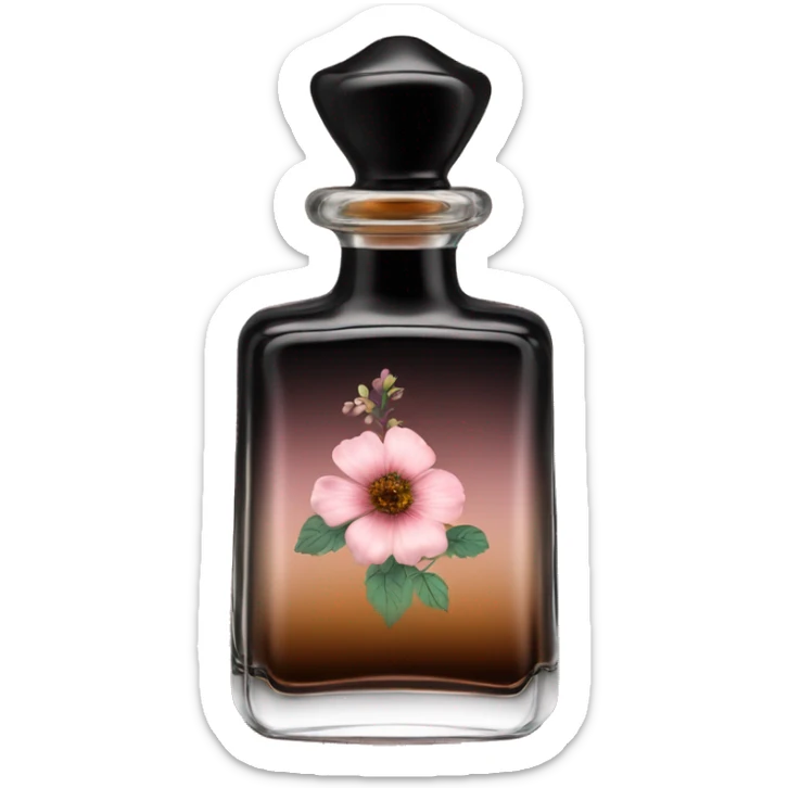 English vintage glass perfume bottle from my aristocratic grandmother, exquisite bottle shape, old and shabby, with label, stylish and minimalistic, black and brown with pink gradient, with little herbal and flowers  sticker