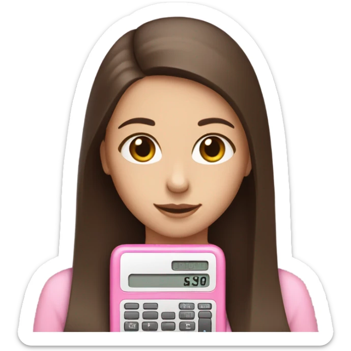Girl with straight brown hair holding one pink calculator in her hands sticker