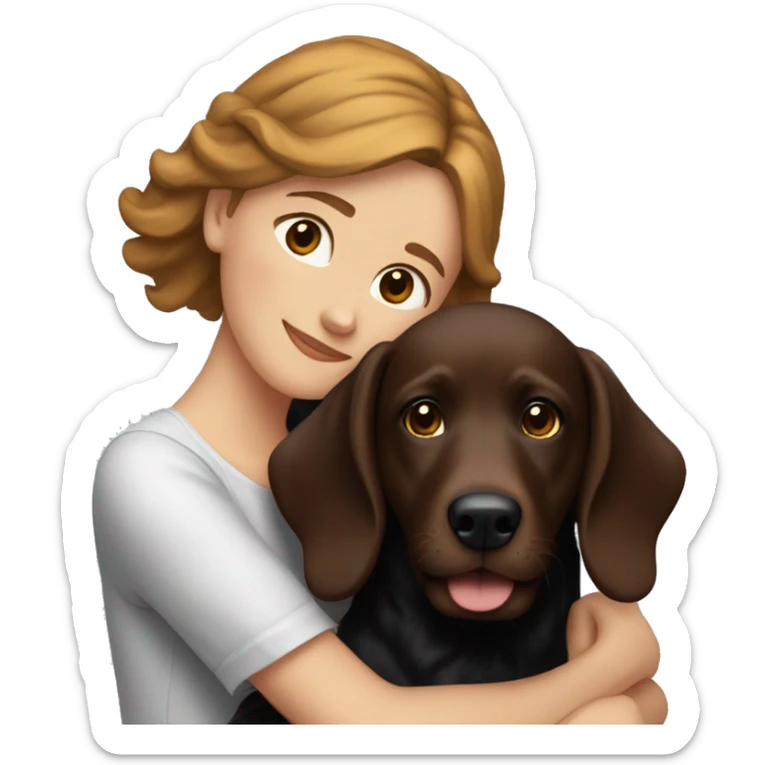 White girl with brown hair hugging a black wiener dog and a red golden retriever sticker